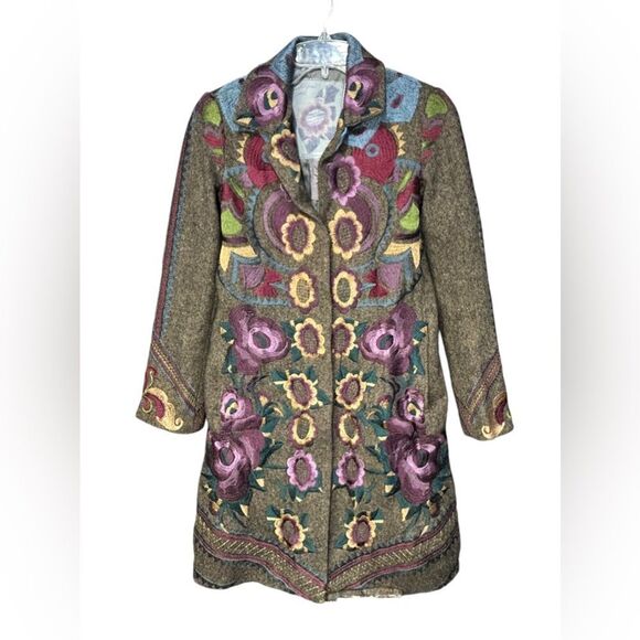 Vintage Johnny Was Biya Embroidered Long Line Button Front Wool Trench Coat XS - Picture 1 of 13